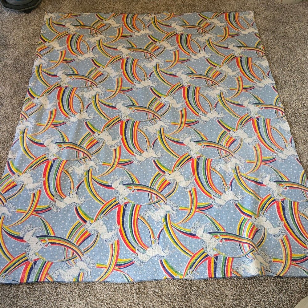 VintageUnicorn Rainbow Fleece Blanket Blue Twin Large Throw 86x72